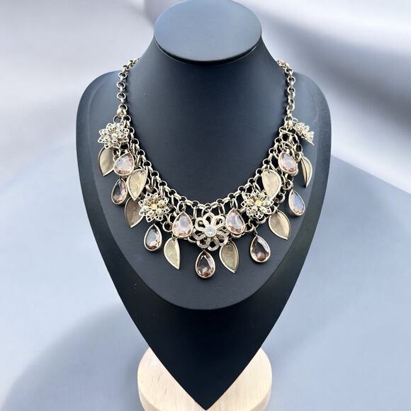 Charm Necklace Mesh Leaf Smoky Topaz Rhinestone Statement Fairycore Boho Gold - Picture 1 of 4